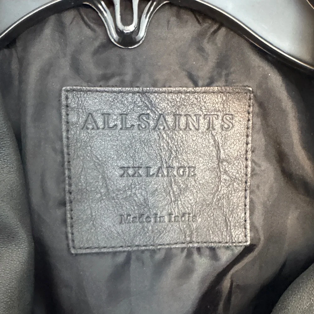 All Saints Mens Black Leather Biker Jacket with Quilted Shoulders